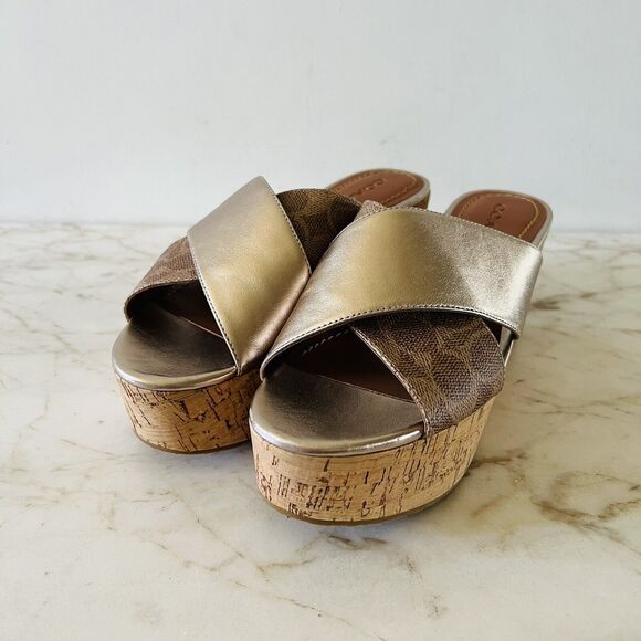 COACH Gold Brown Logo Wedge Heel Platform Slide Sandals - US 9.5 - Picture 1 of 8